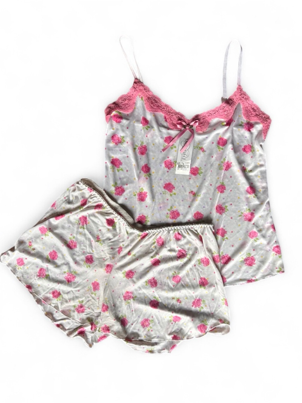 Brazilian Floral Satin Camisole & Shorts Pajama Set - Pink Trim